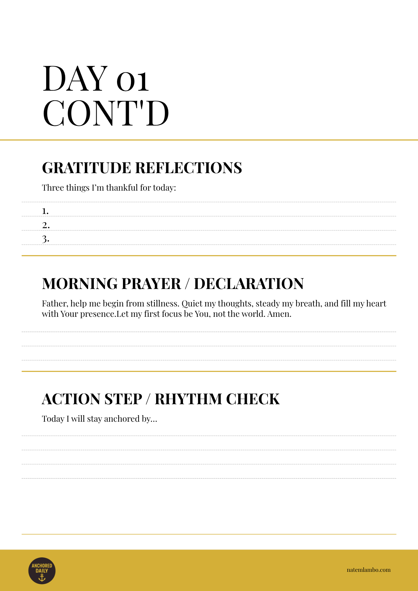 Morning reflection and prayer sheet with gratitude prompts and prayer declaration.