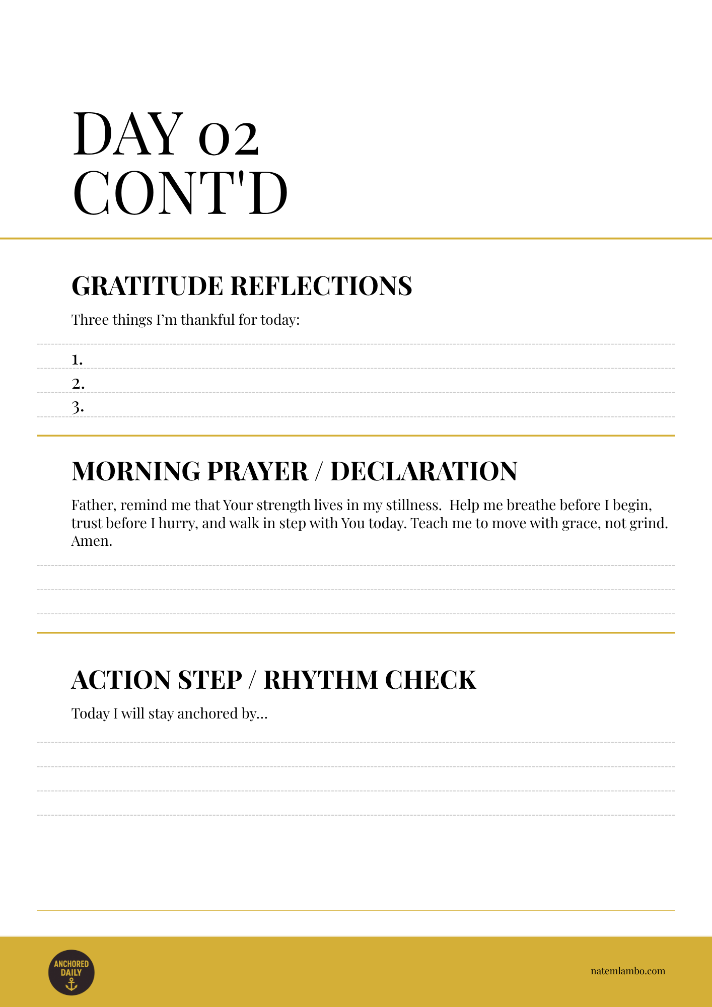 Gratitude reflection sheet with prayer and action step sections on a white background