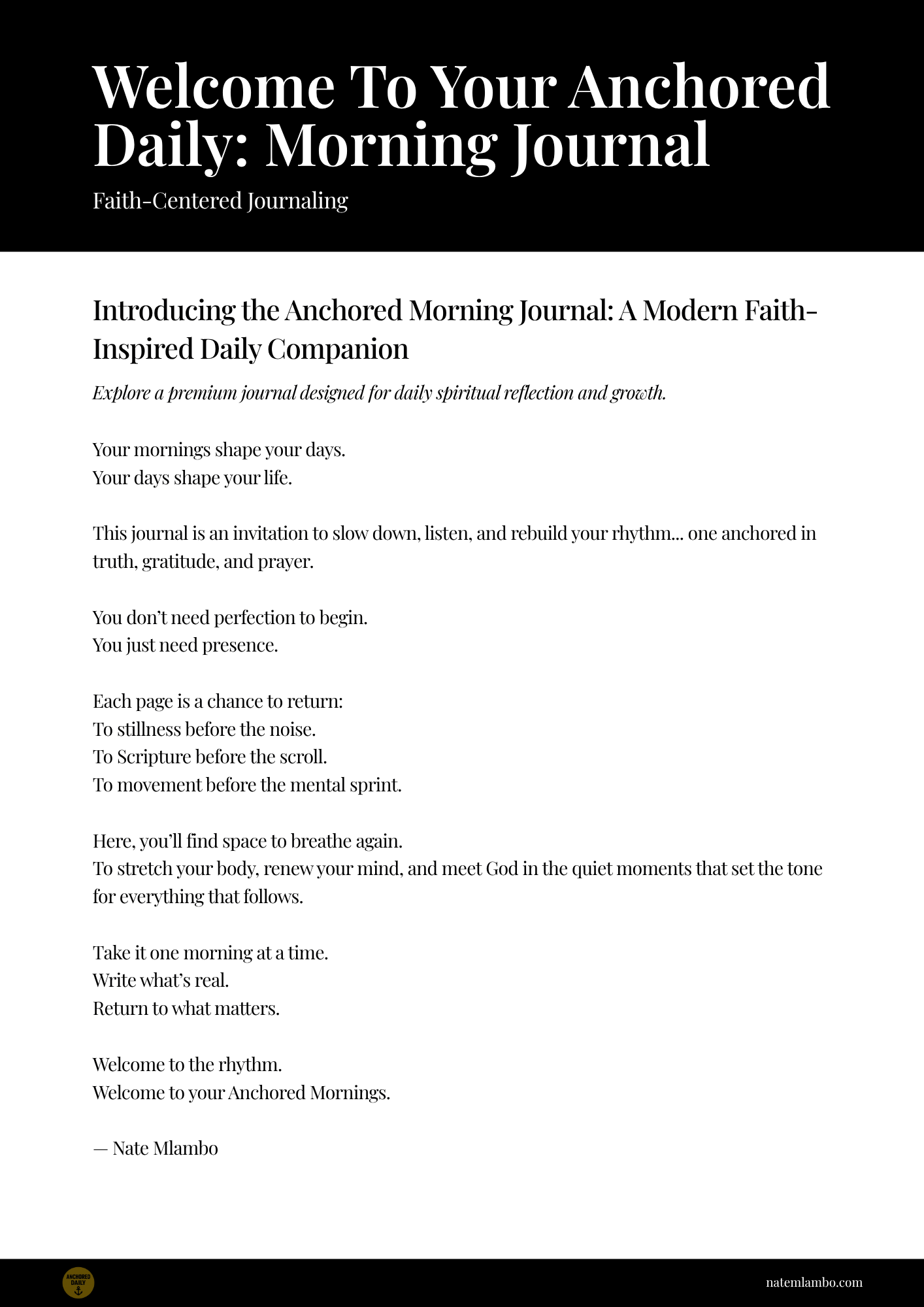 Introduction page of 'Anchored Daily: Morning Journal' with text on a white background.