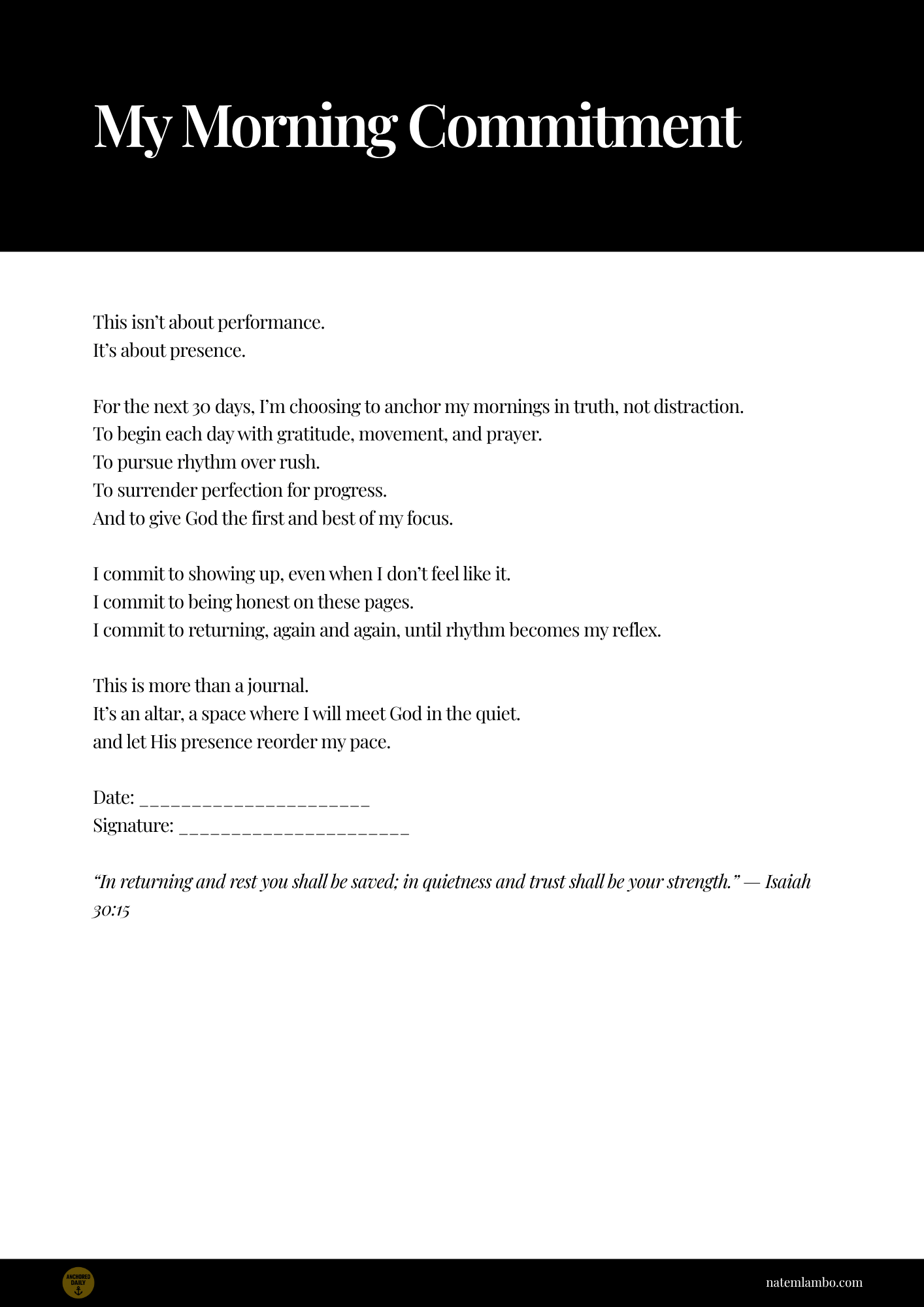 Morning commitment sheet with text on a black background