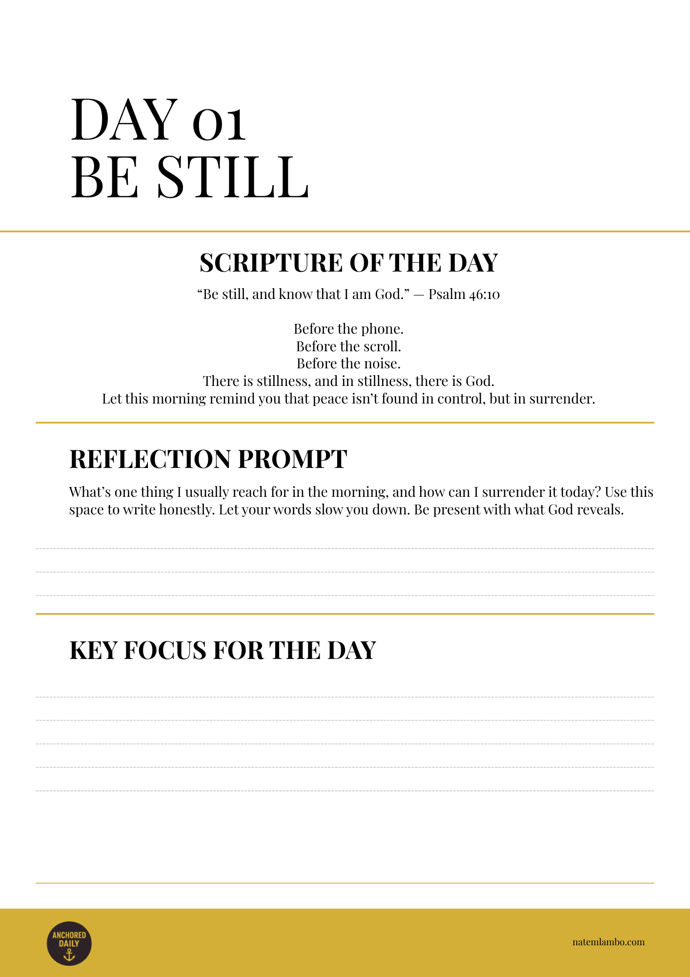 Morning devotionals page with scripture, reflection prompt, and key focus for the day.