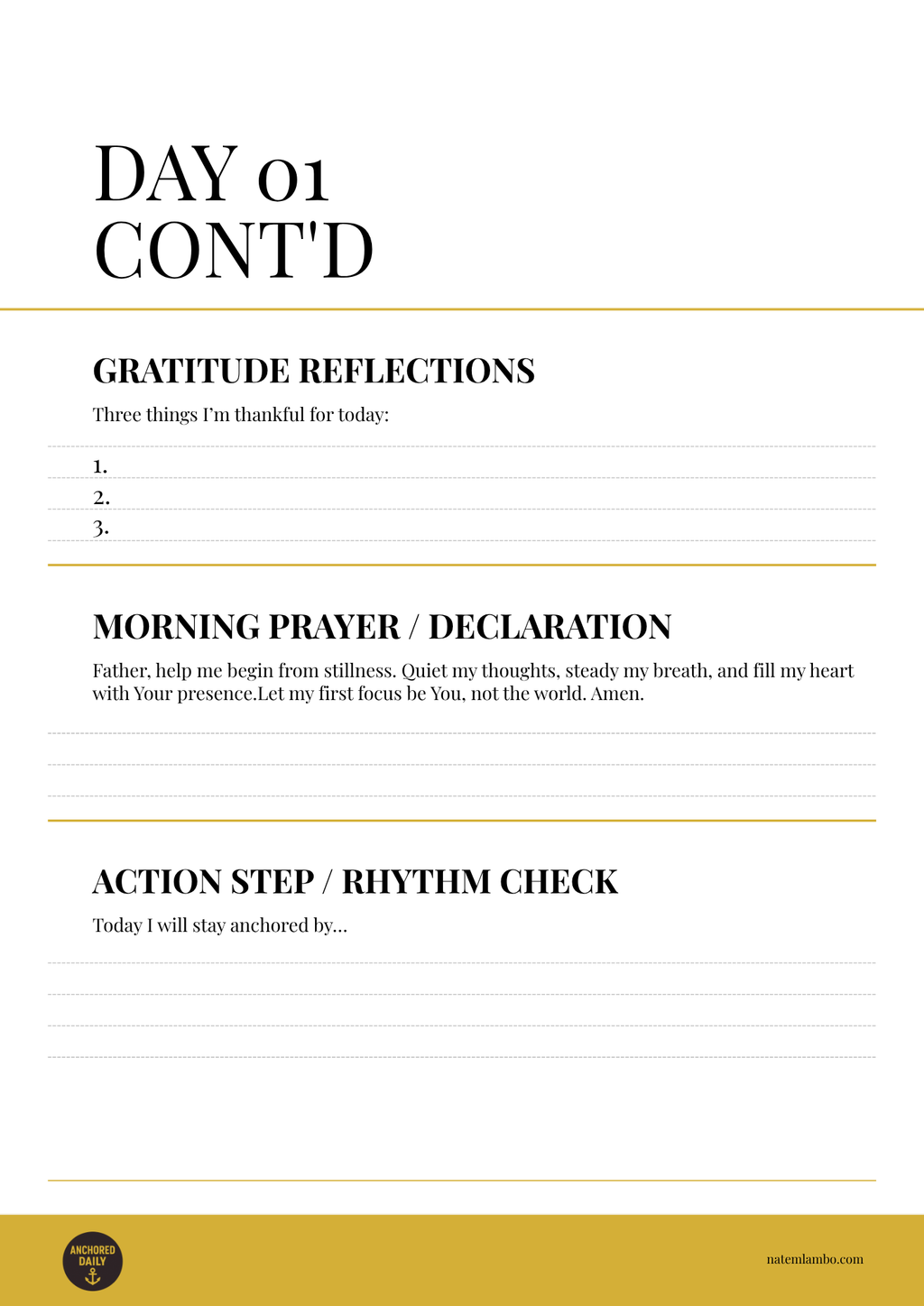 Morning reflection and prayer sheet with gratitude prompts and prayer declaration.