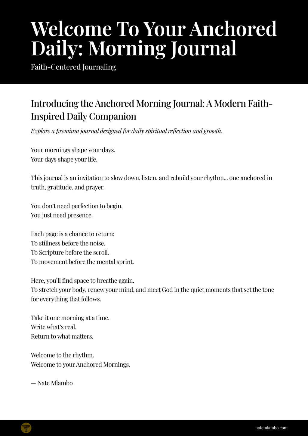 Introduction page of 'Anchored Daily: Morning Journal' with text on a white background.