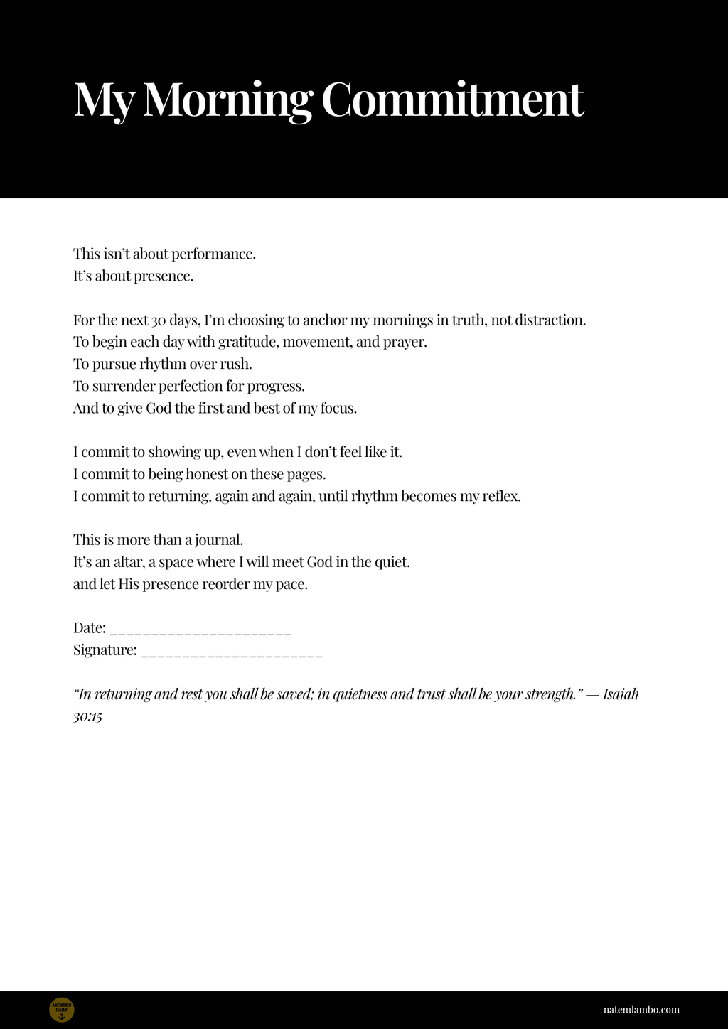 Morning commitment sheet with text on a black background