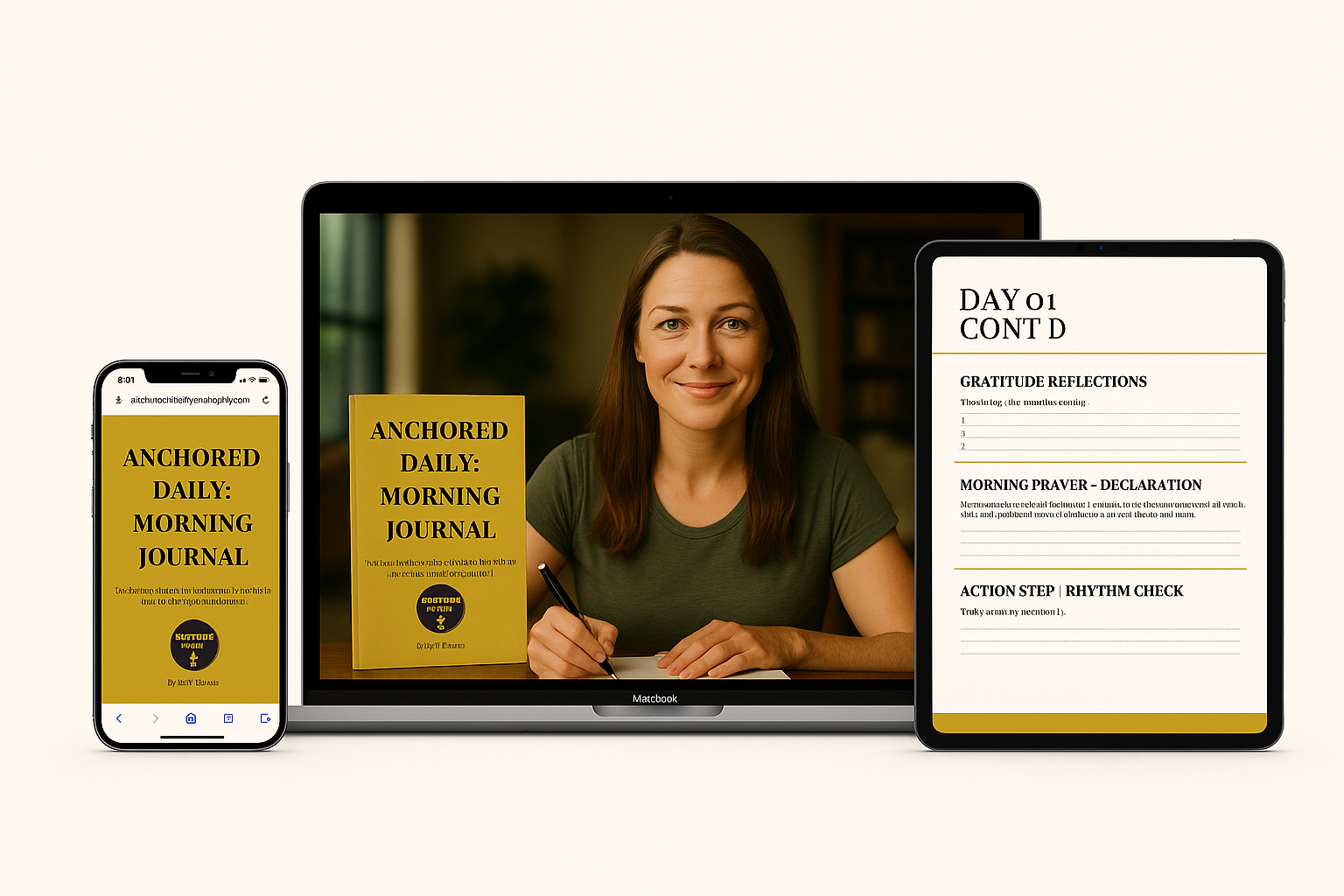 Smartphone, tablet, and laptop displaying 'Anchored Daily Morning Journal' with a woman on screen.
