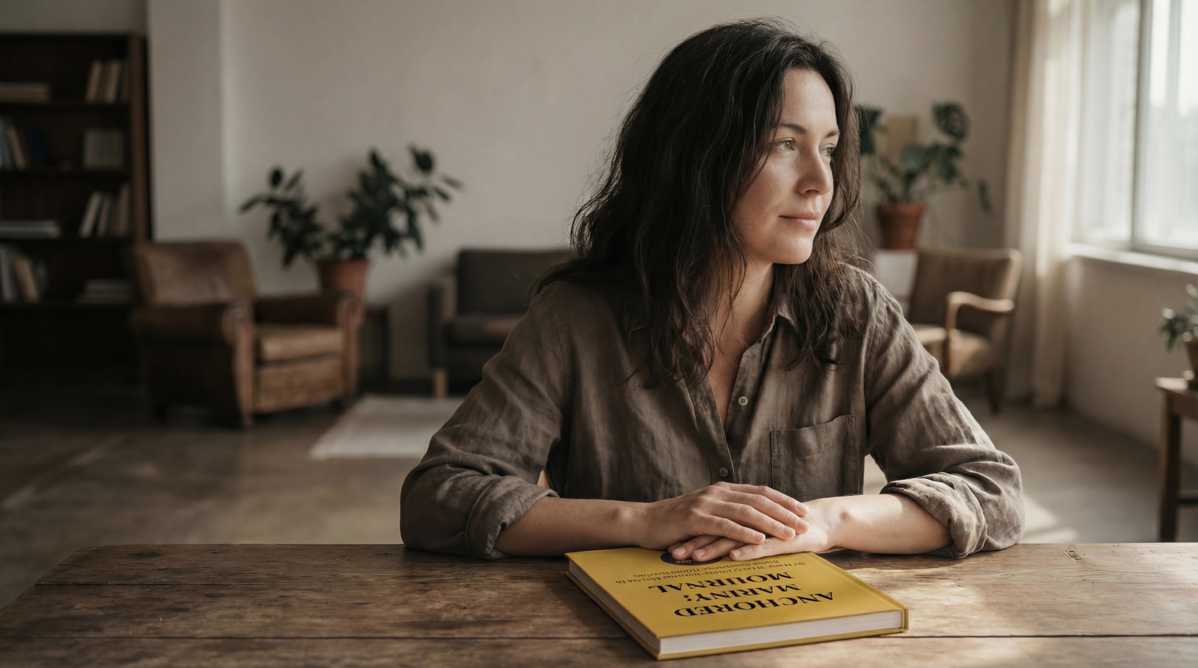 Woman sitting at a table with a book titled 'The Power of Now' in a room with plants and furniture.
