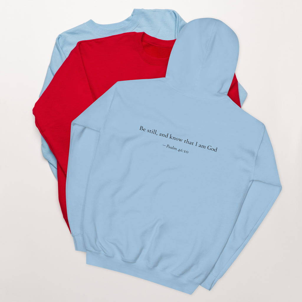 Light blue heavy blend fleece hoodie with small chest BE STILL quote, back detail