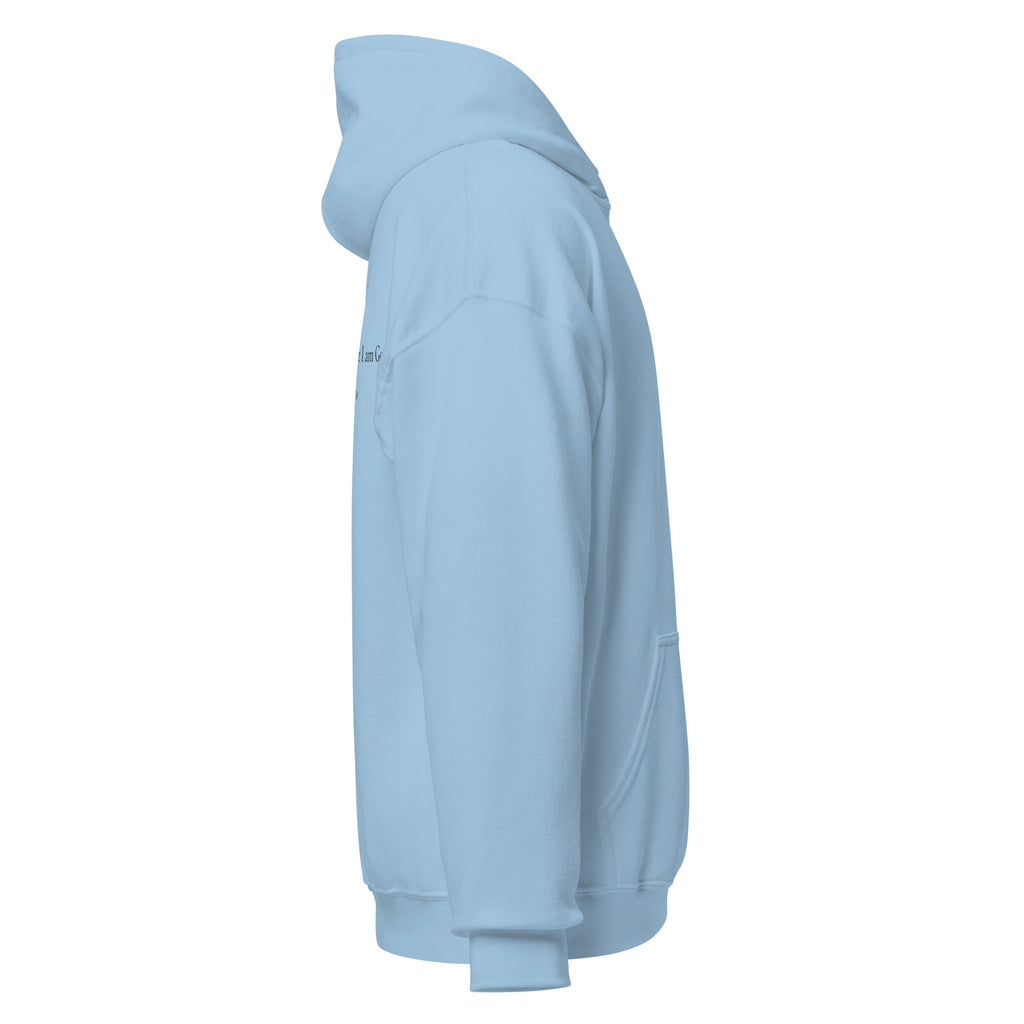 Light blue heavy blend fleece hoodie with small chest BE STILL quote, right side view