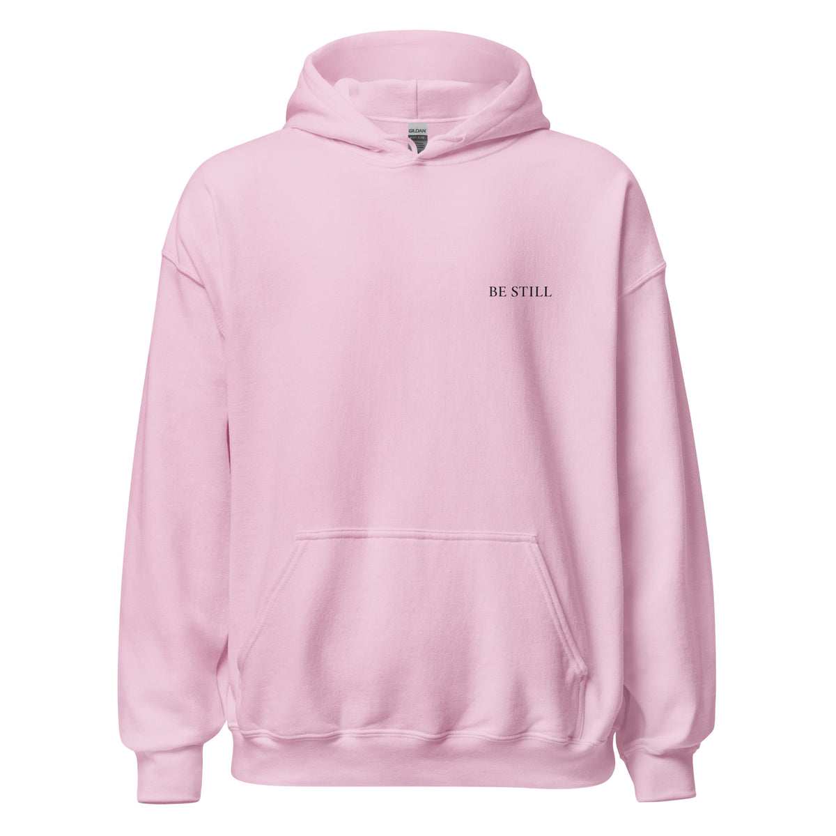 Light pink heavy blend fleece hoodie with small chest BE STILL quote, front view
