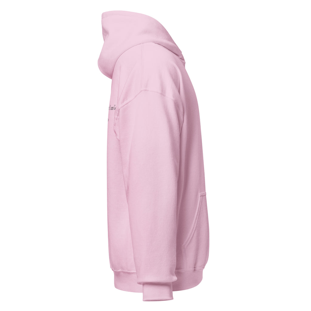 Light pink heavy blend fleece hoodie with small chest BE STILL quote, right side view