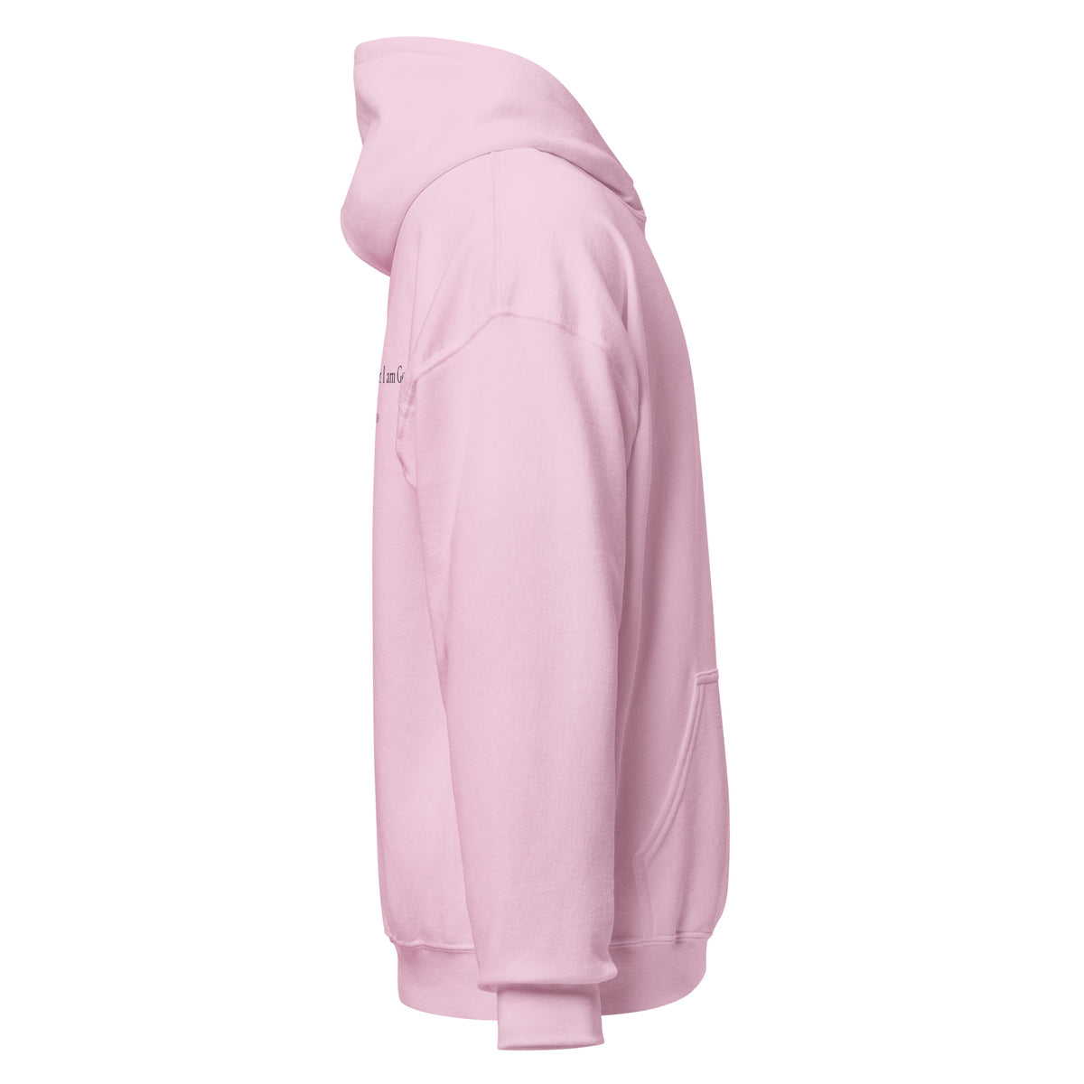Light pink heavy blend fleece hoodie with small chest BE STILL quote, right side view