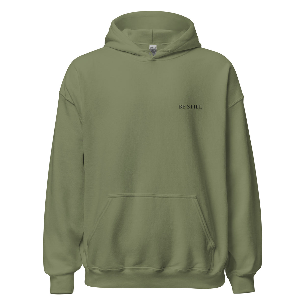 Military green heavy blend fleece hoodie with small chest BE STILL quote, front view