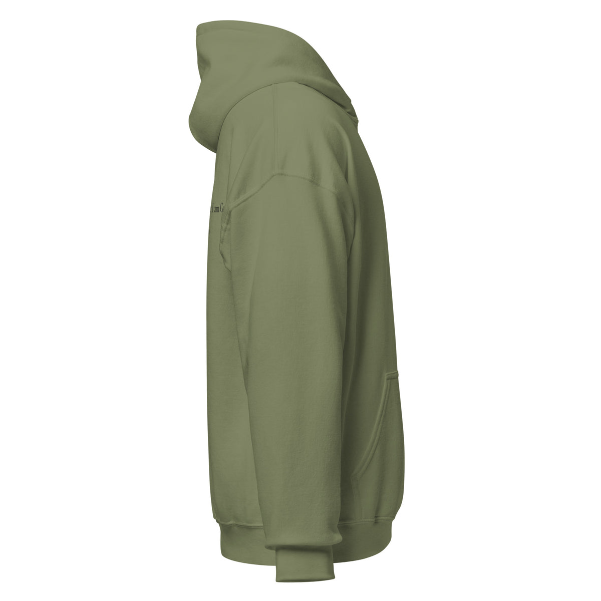 Military green heavy blend fleece hoodie with small chest BE STILL quote, right side view