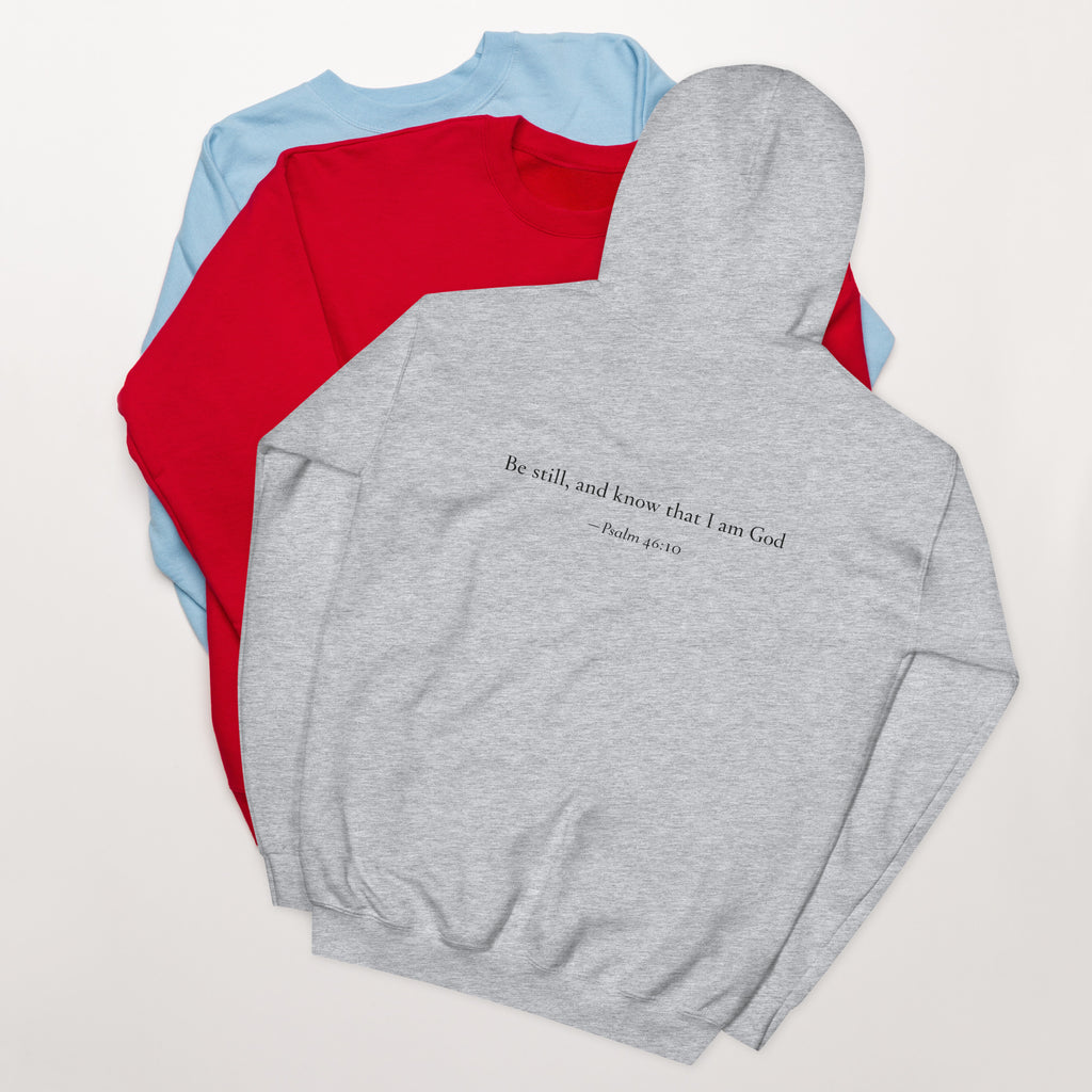 Sport grey heavy blend fleece hoodie with small chest BE STILL quote, back detail