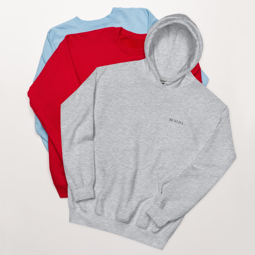 Sport grey heavy blend fleece hoodie with small chest BE STILL quote, front detail