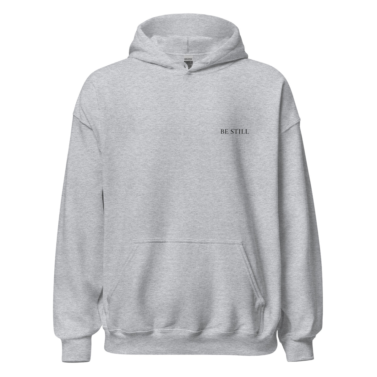 Sport grey heavy blend fleece hoodie with small chest BE STILL quote, front view