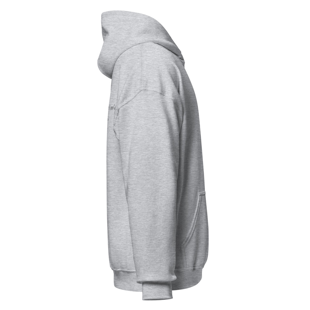 Sport grey heavy blend fleece hoodie with small chest BE STILL quote, right side view