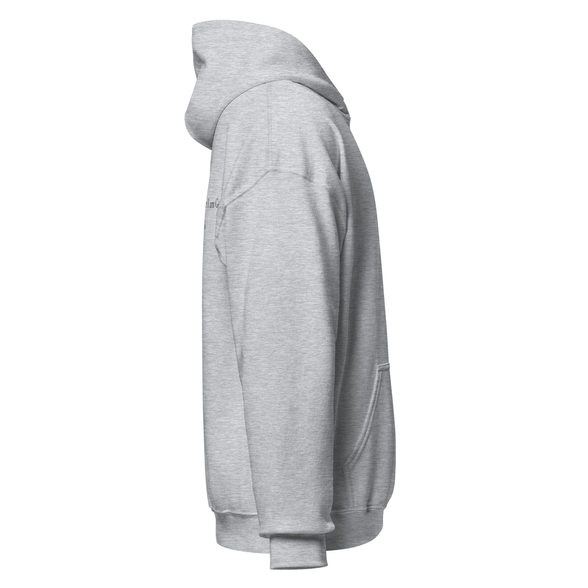 Sport grey heavy blend fleece hoodie with small chest BE STILL quote, right side view