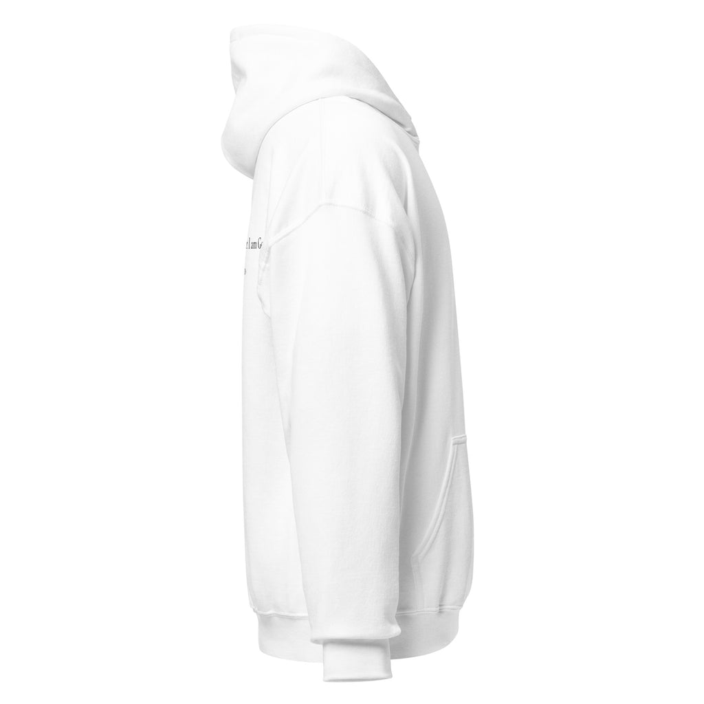 White heavy blend fleece hoodie with small chest BE STILL quote, right side view