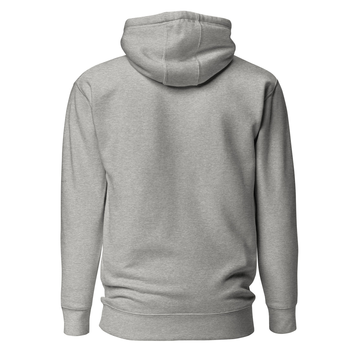 Carbon grey premium pullover hoodie with small chest BE STILL quote, back view