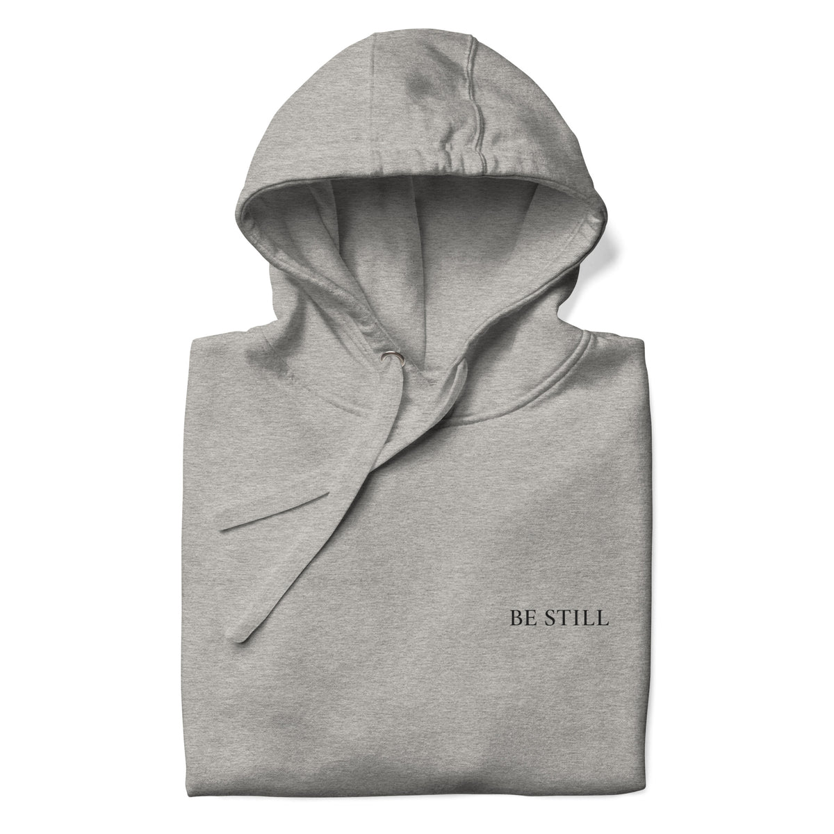 Carbon grey premium pullover hoodie with small chest BE STILL quote, front detail