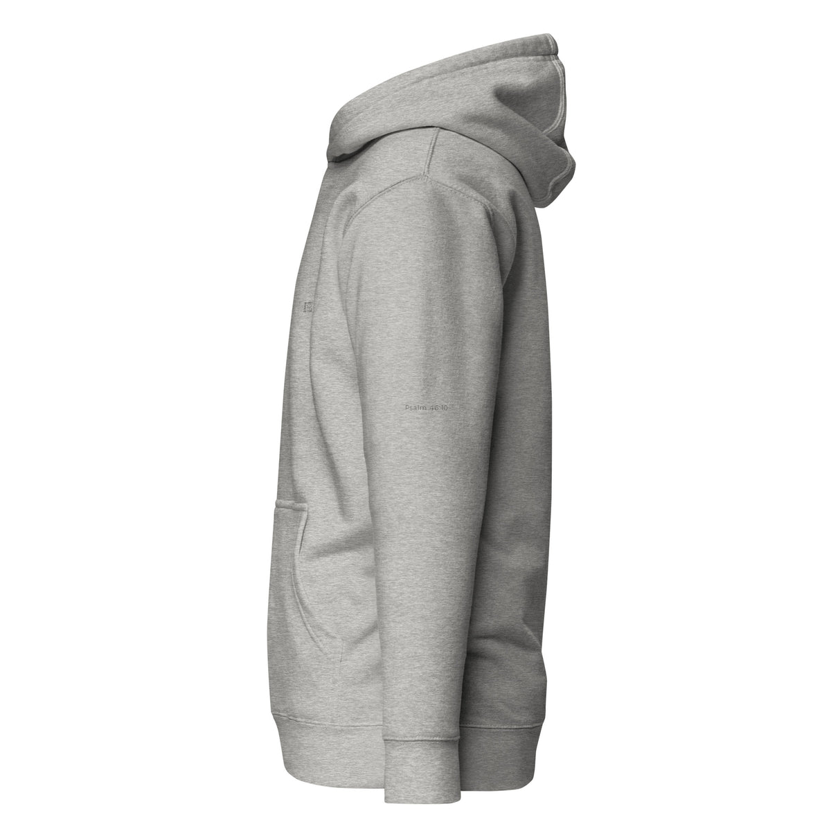Carbon grey premium pullover hoodie with small chest BE STILL quote, left side view