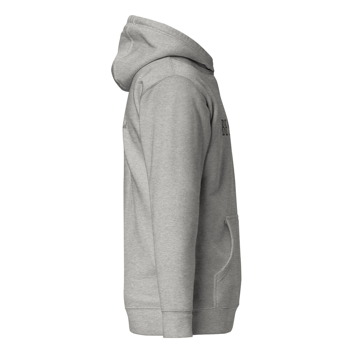 Carbon grey premium pullover hoodie with large chest BE STILL quote, right side view