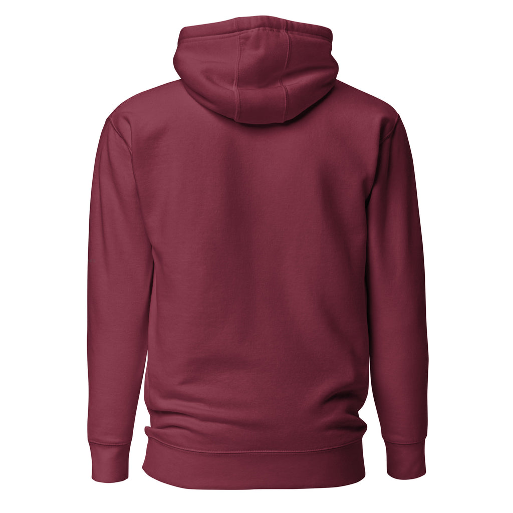 Maroon premium pullover hoodie with small chest BE STILL quote, back view