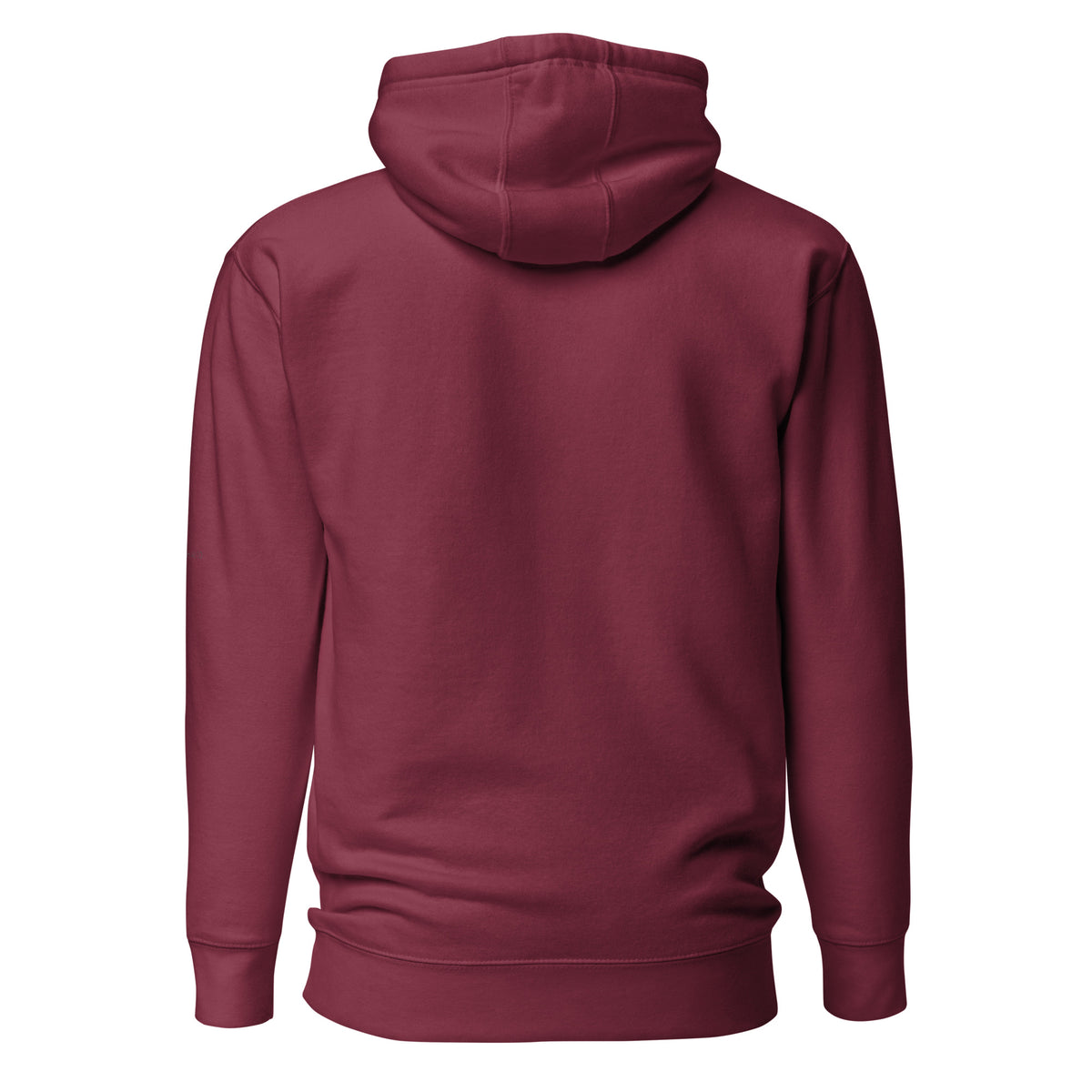 Maroon premium pullover hoodie with small chest BE STILL quote, back view