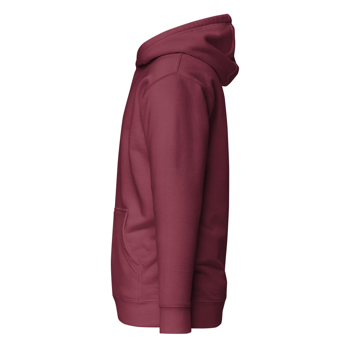 Maroon premium pullover hoodie with small chest BE STILL quote, left side view