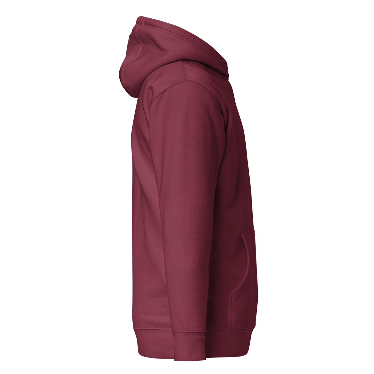 Maroon premium pullover hoodie with small chest BE STILL quote, right side view