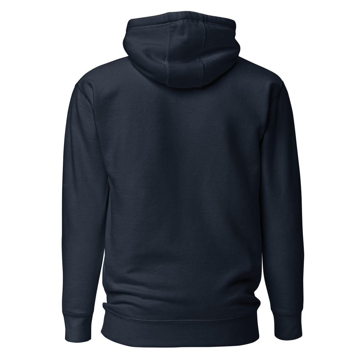 Navy premium pullover hoodie with small chest BE STILL quote, back view