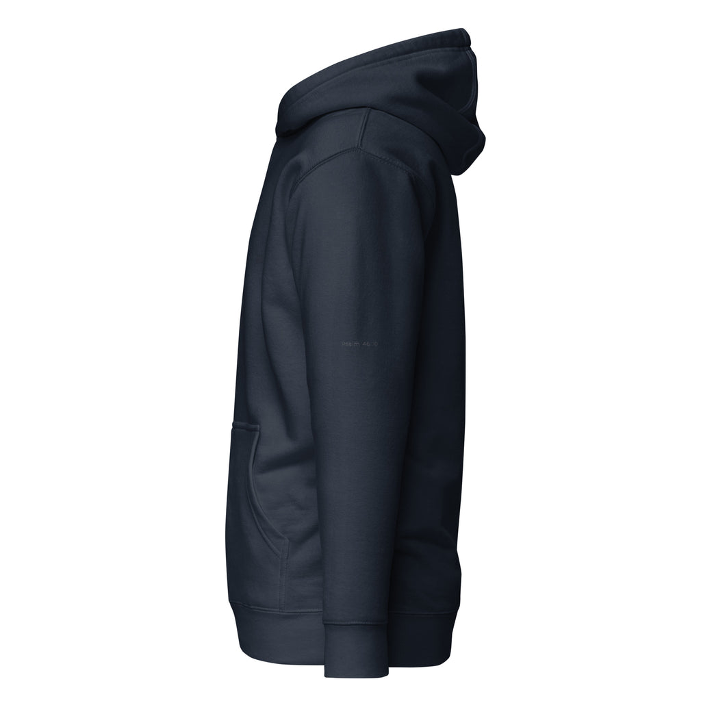 Navy premium pullover hoodie with small chest BE STILL quote, left side view