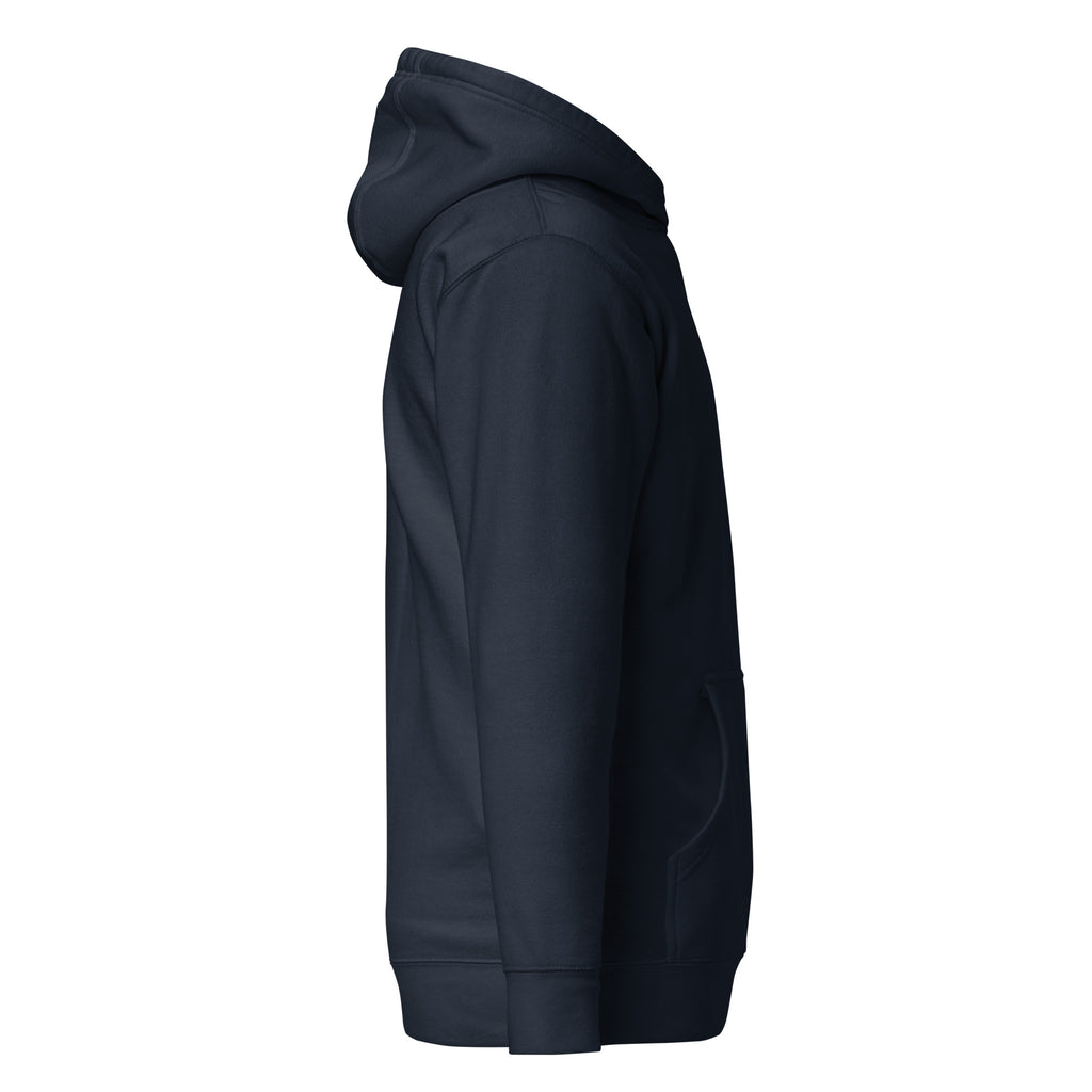 Navy premium pullover hoodie with small chest BE STILL quote, right side view