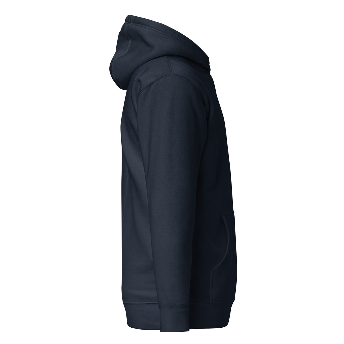 Navy premium pullover hoodie with small chest BE STILL quote, right side view