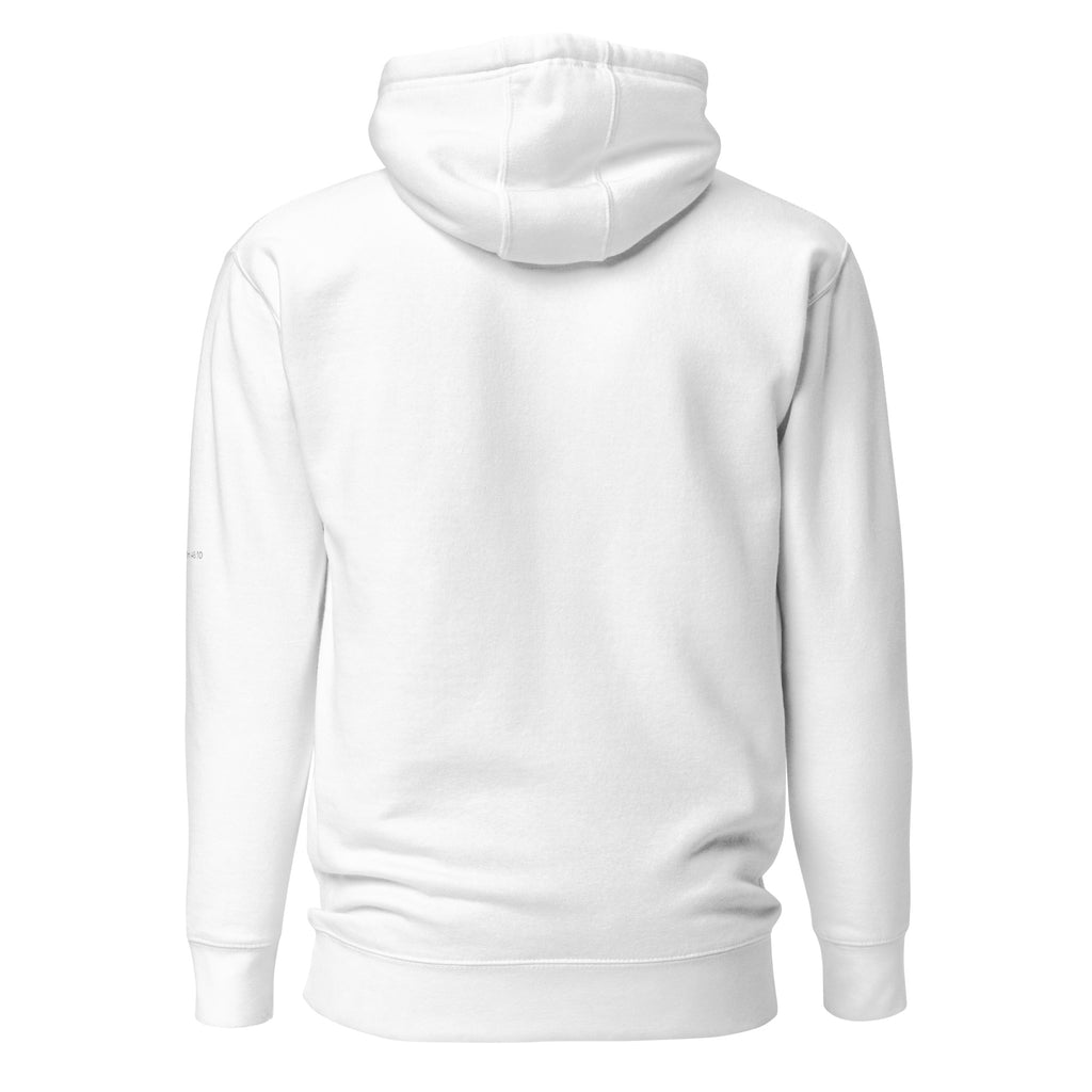 White premium pullover hoodie with small chest BE STILL quote, back view