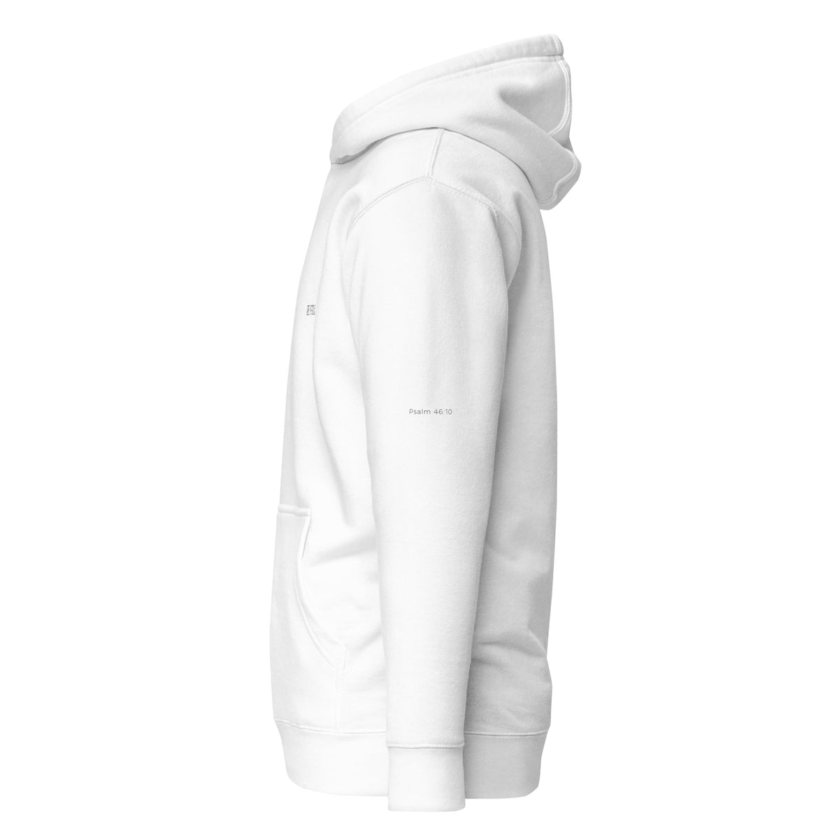 White premium pullover hoodie with small chest BE STILL quote, left side view